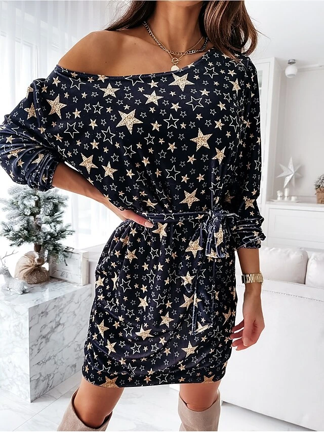 Women‘s Christmas Work Dress Casual Dress Black Dress Fashion Daily Mini Dress Lace Up Print One Shoulder Long Sleeve Star Print Regular Fit Black Wine Royal Blue Spring Fall S M L XL XXL 2 Women‘s Christmas Work Dress Casual Dress Black Dress Fashion Daily Mini Dress Lace Up Print One Shoulder Long Sleeve Star Print Regular Fit Black Wine Royal Blue Spring Fall S M L XL XXL - Image 2