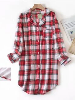 Women's Christmas Sleepshirt Cotton NightDress Heart Grid / Plaid Simple Casua Xmasl Comfort Breathable Lapel Long Sleeve Button Fall Winter Q Gray-red Heart-flannel Skirt Q Light Pink-White -Women’s Sexy Lingerie Sales drzzkp1695281838717