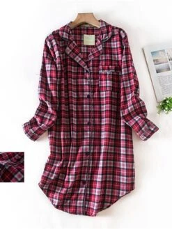 Women's Christmas Sleepshirt Cotton NightDress Heart Grid / Plaid Simple Casua Xmasl Comfort Breathable Lapel Long Sleeve Button Fall Winter Q Gray-red Heart-flannel Skirt Q Light Pink-White -Women’s Sexy Lingerie Sales egcgll1695281833523