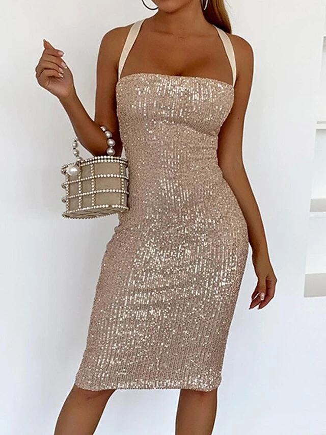 Women‘s Christmas Party Dress Sequin Dress Cocktail Dress Midi Dress White Gold Sleeveless Pure Color Sparkly Glitter Sequins Spring Fall Winter Spaghetti Strap Fashion Wedding Guest Birthday 2 Women‘s Christmas Party Dress Sequin Dress Cocktail Dress Midi Dress White Gold Sleeveless Pure Color Sparkly Glitter Sequins Spring Fall Winter Spaghetti Strap Fashion Wedding Guest Birthday - Image 2