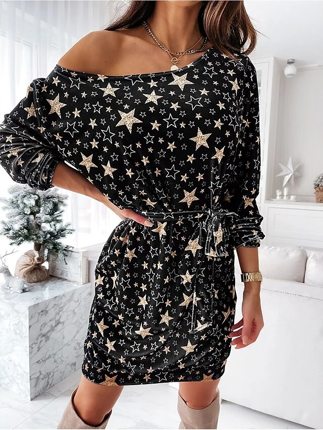 Women‘s Christmas Work Dress Casual Dress Black Dress Fashion Daily Mini Dress Lace Up Print One Shoulder Long Sleeve Star Print Regular Fit Black Wine Royal Blue Spring Fall S M L XL XXL 1 Women‘s Christmas Work Dress Casual Dress Black Dress Fashion Daily Mini Dress Lace Up Print One Shoulder Long Sleeve Star Print Regular Fit Black Wine Royal Blue Spring Fall S M L XL XXL