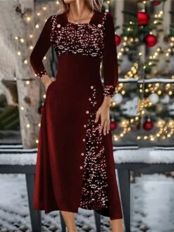 Women's Christmas Party Dress Wine Red Velvet Dress Midi Dress Long Sleeve Pure Color Sequins Spring Fall Winter Square Neck Party