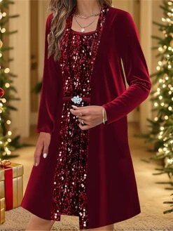Women's Christmas Party Dress Wine Red Velvet Dress Sequin Dress Midi Dress Long Sleeve Pure Color Sequins Fall Winter Autumn Square Neck