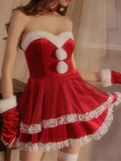 Women's Christmas Sexy Lingerie Patchwork Fashion Sexy Uniforms Comfort Home Xmas Polyester Breathable Bandeau Sleeveless Backless Feather Fall Winter Pink Red