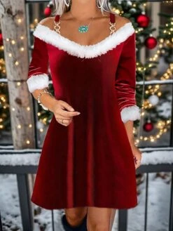 Women's Christmas Party Dress Green Velvet Dress Feather Dress Mini Dress Wine Gold Long Sleeve Color Block Feather Spring Fall V Neck Winter Dress
